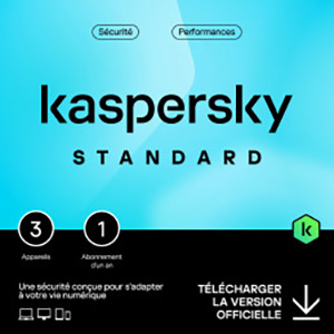Kaspersky Standard 2026 – Multidevice 3 App 1 An – PC Mac Android iOS – Edition Française – Licence livrée par mail 24h/24